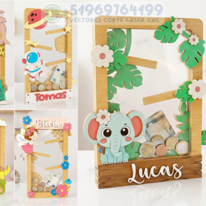 Banco de Monedas Infantil Personalizado en MDF | 5 Diseños Creativos para Corte Láser (CDR, SVG, DXF)