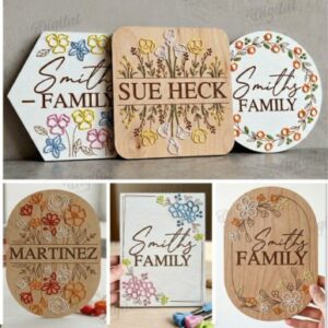 Paquete de cuadros para bordado floral con Apellido Familiar para Corte Láser