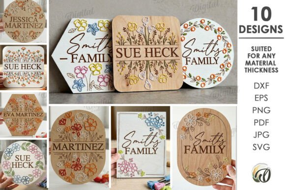 Paquete de cuadros para bordado floral con Apellido Familiar para Corte Láser
