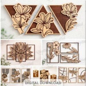 Set de Cuadros Decorativos Florales en Tríptico – Diseños Modernos para Corte Láser