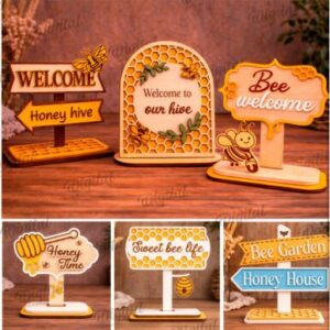 Set de letreros decorativos de abejas – Adornos con base estilo colmena para corte láser