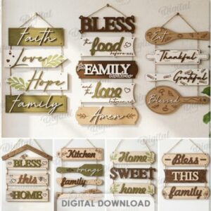 Set de letreros decorativos para el hogar – Frases rústicas en madera para corte láser