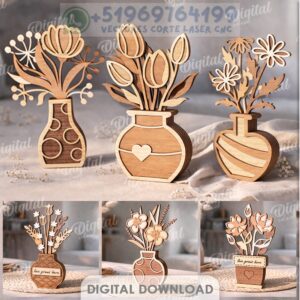 10 Diseños de Flores en Jarrón para Corte Láser | Decoración MDF Elegante (DXF, SVG, EPS)