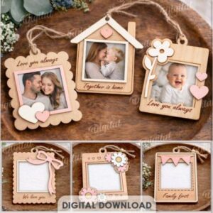 Set de Mini Marcos Colgantes para Fotos – Diseños Románticos en Madera para Corte Láser