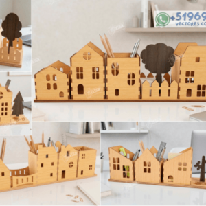 Organizador Porta Lápices “Village” – 5 Diseños Creativos para Corte Láser