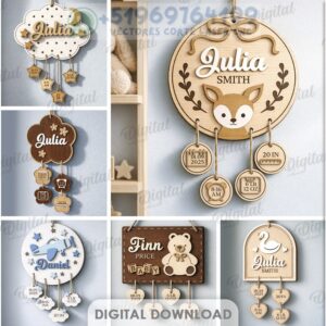 Pack de 10 Letreros Personalizados de Estadísticas de Bebé – Corte Láser