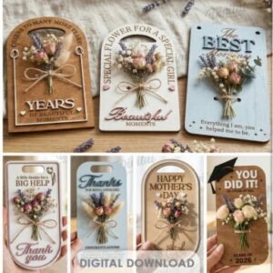 Pack de Tarjetas Porta Flores con Frases Grabadas para Corte Láser