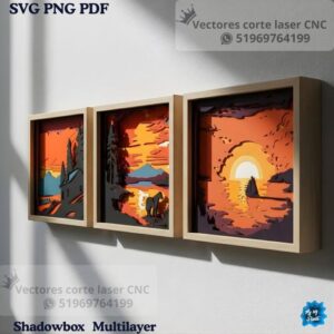 Tríptico Paisaje de Atardecer Multicapa Shadowbox para Corte Láser