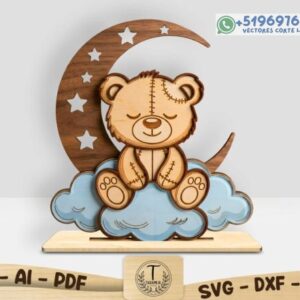 Adorno Infantil de Osito en Luna y Nube – Decoración Tierna para Corte Láser