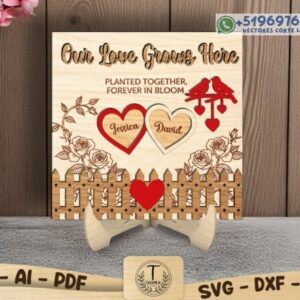 Cuadro Romántico Personalizado para Parejas en Madera – Diseño “Nuestro Amor Crece Aquí” para Corte Láser