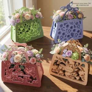 Caja Floral Tipo Bolso – Diseño Decorativo para Corte Láser
