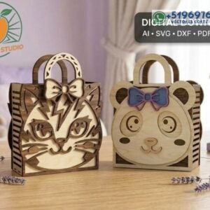 Cajas de Regalo tipo cartera bolso Infantiles en Madera – Diseños de Gato y Panda para Corte Láser