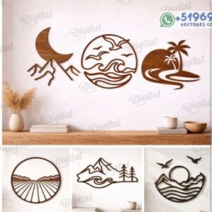 Cuadros Decorativos Lineales en Madera – Pack Minimalista de Paisajes para Corte Láser
