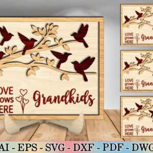 Cuadro Decorativo “El Amor Crece Aquí” con Aves y Ramas para abuelo abuela – Corte Láser