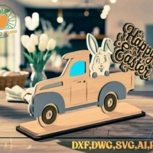 Decoración de Pascua con Camioneta y Conejito en Madera – Corte Láser