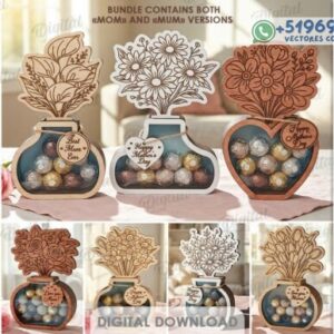 Jarrones Dulceros Día de la Madre en Madera – Pack Floral Decorativo para Corte Láser