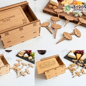 Caja de Marcadores para Queso con Tapa Deslizante en Madera – Set Gourmet para Corte Láser