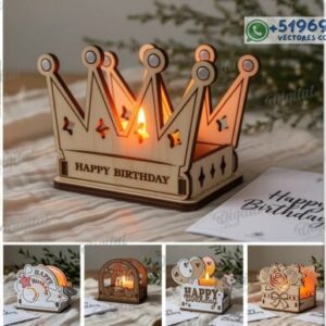 Portavelas de Cumpleaños en Madera – Pack Decorativo “Happy Birthday” para Corte Láser