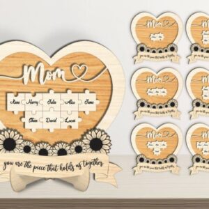 Letrero de Corazón con Rompecabezas para Mamá en Madera – Diseño Personalizado para Corte Láser