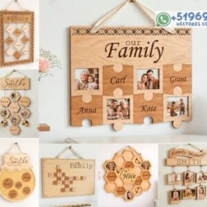 Cuadros Familiares Personalizados en Madera – Pack de 10 Diseños Decorativos para Corte Láser