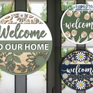 Letreros Redondos de Bienvenida con Flores en Madera – Diseño Decorativo para Puertas