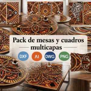 Gran pack de Mesas y Cuadros Multicapas en Madera – Diseños Decorativos 3D para Corte Láser