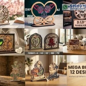 Pack Decorativo Día de la Madre y del Padre en Madera – 12 Diseños en Capas para Corte Láser