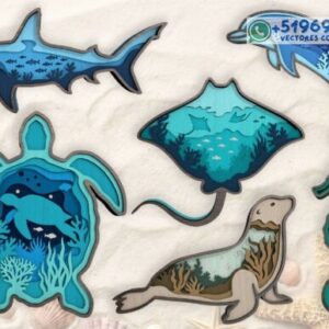 Animales Marinos en Capas 3D en Madera – Pack Decorativo Oceánico para Corte Láser