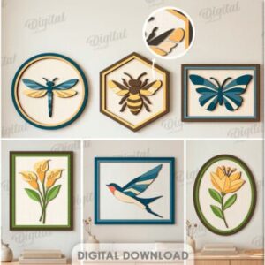 Pack de Cuadros Decorativos Naturales en Madera – 10 Diseños de Flora y Fauna para Corte Láser