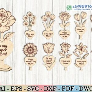 Flores Decorativas Día de la Madre en Madera – Pack de 10 Diseños para Corte Láser