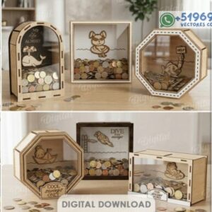 Alcancías Decorativas en Madera – Pack de 10 Diseños Divertidos para Corte Láser  Ahorrar no debería sentirse pesado…