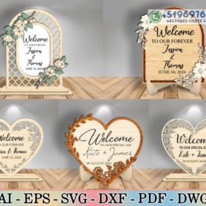 Letreros de Boda en Madera con Arco y Corazón – Pack Elegante para Corte Láser