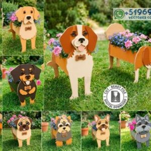Maceteros de Madera con Diseño de Perros para Corte Láser – Decoración Creativa y Personalizable