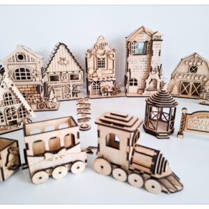 Mini Pueblo Navideño 3D en Madera – Set de 7 Casas para Corte Láser