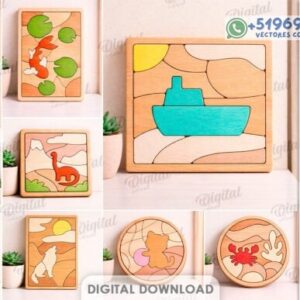 Mini Rompecabezas Decorativos en Madera – Pack Infantil Creativo para Corte Láser