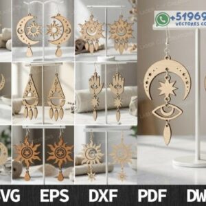 Aretes Místicos en Madera para Corte Láser – Pack de Diseños Luna, Sol y Ojo Protector