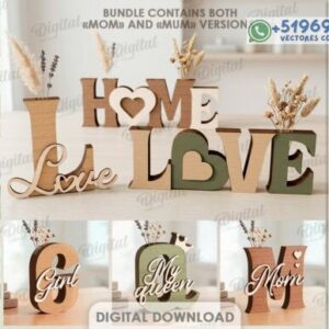 Letras Decorativas en Madera con Base – Pack de Palabras Personalizadas para Corte Láser