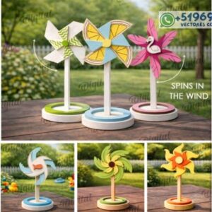 Molinillos de Viento Decorativos en Madera – Pack 3D Giratorio para Corte Láser