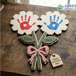 Ramo de Flores con Huellas de Manos para Mamá – Diseño Personalizado en Madera para Corte Láser
