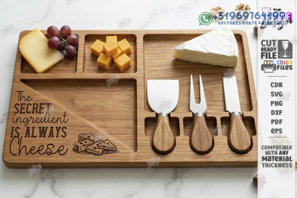 Tablas de Queso en Madera con Compartimentos – Pack Gourmet para Corte Láser - Imagen 6
