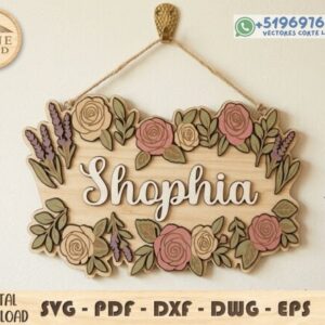 Letrero Floral Personalizado en Madera con Nombre – Diseño Decorativo para Corte Láser