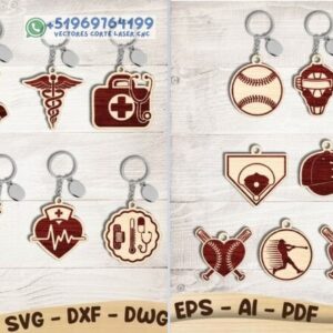 Pack de Llaveros Médicos y de Béisbol para Corte Láser – Diseños SVG DXF PDF