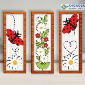 Cuadros Verticales de Mariquitas y Flores – Pack Decorativo Primaveral para Corte Láser
