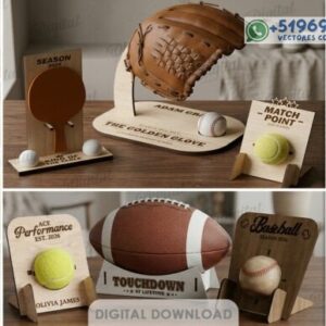 Soportes para Pelotas Deportivas trofeos en Madera – Pack Exhibidor Personalizable para Corte Láser