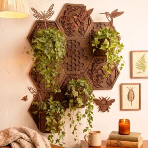 Jardín Vertical con Macetas Hexagonales y Diseño Natural para Corte Láser