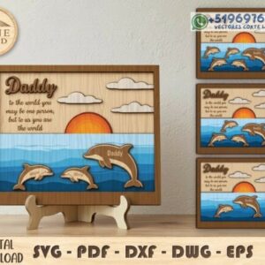 Cuadro Decorativo Familiar de Delfines en Madera – Pack Multicapa Personalizable para Corte Láser