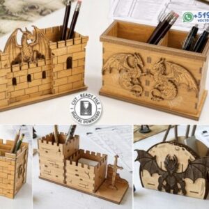 Organizador de escritorio Portalapices medieval con dragón para corte láser