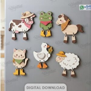 Adornos Colgantes de Animales imantados de Granja en Madera para Corte Láser