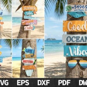 Letreros Playeros con Mensajes Tropicales – Pack Decorativo para Corte Láser