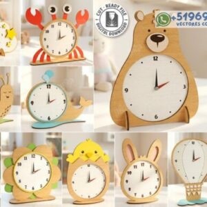 Relojes Infantiles de Mesa con Animales – Pack Creativo Educativo para Corte Láser